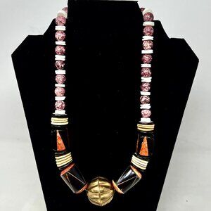 Necklace Vintage Chunky‎ Tribal Boho Stone Wood Brass Shell Multicolor